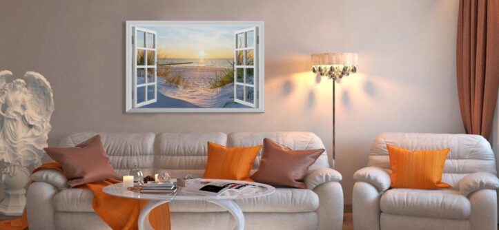 Backlit faux window with beach scene in a cozy living room