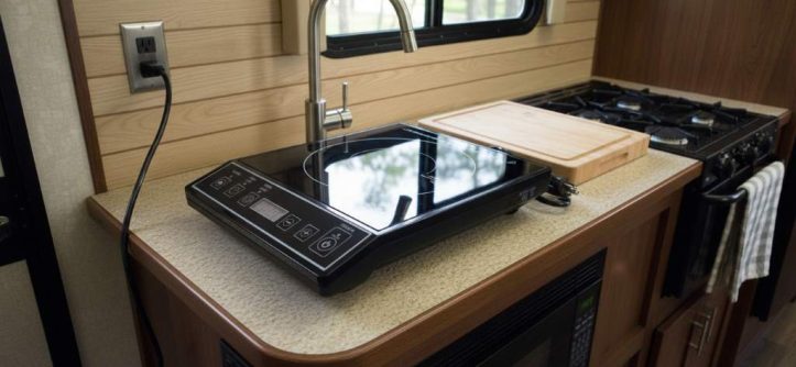 Compact single burner induction cooktop on RV counter