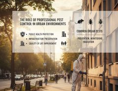 Professional pest control technician working in an urban residential area.