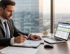 Real estate investor reviewing financial documents and capital reserve planning spreadsheets at desk