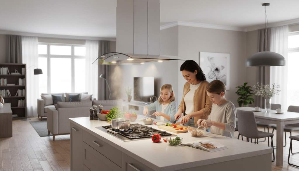 Family cooking under an illuminated island range hood with clear air in an open layout