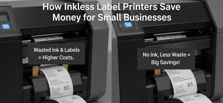 Small business owner printing shipping labels using an inkless thermal printer