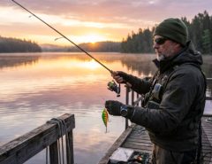 A beginner angler holding a spinning rod beside an open tackle box filled with hooks, lures, and sinkers at a lakeside