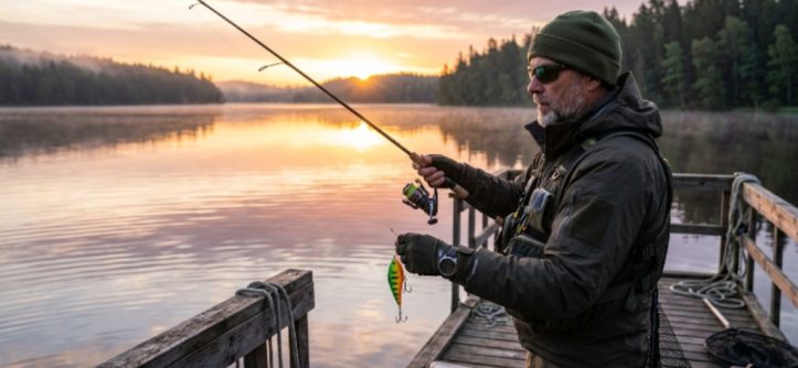 A beginner angler holding a spinning rod beside an open tackle box filled with hooks, lures, and sinkers at a lakeside