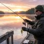 A beginner angler holding a spinning rod beside an open tackle box filled with hooks, lures, and sinkers at a lakeside