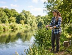 A beginner angler holding a spinning rod and reel on a peaceful riverbank on a sunny morning