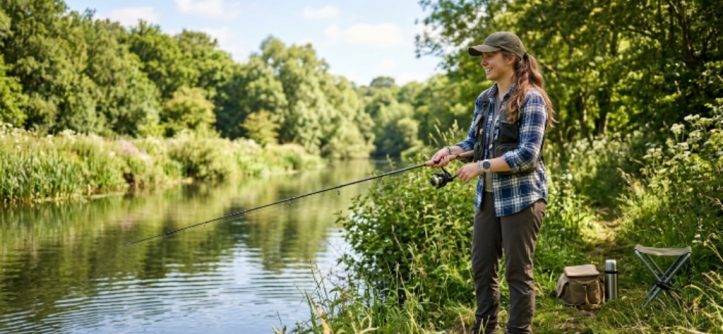 A beginner angler holding a spinning rod and reel on a peaceful riverbank on a sunny morning