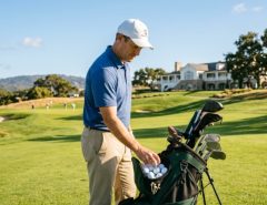 12 handicap golfer selecting a golf ball from a bag on a sunny fairway with a golf course in the background