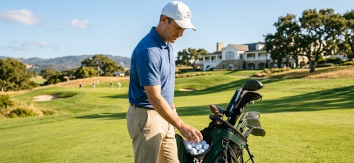 12 handicap golfer selecting a golf ball from a bag on a sunny fairway with a golf course in the background