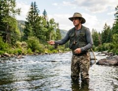An angler wearing a wide-brim UPF 50 fishing hat while standing in a river fly fishing