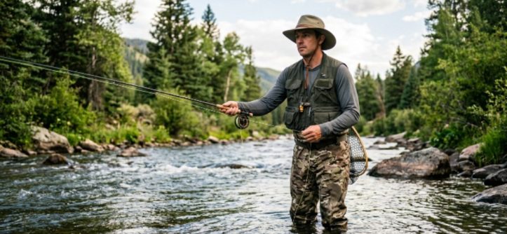 An angler wearing a wide-brim UPF 50 fishing hat while standing in a river fly fishing