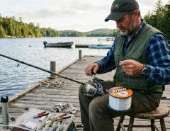 An angler spooling a spinning reel with monofilament fishing line on a wooden dock