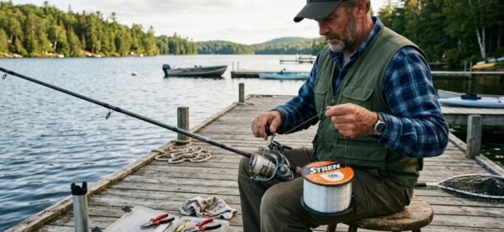 An angler spooling a spinning reel with monofilament fishing line on a wooden dock