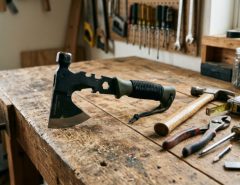A compact multi-purpose survival axe resting on a wooden workshop bench next to basic home repair tools