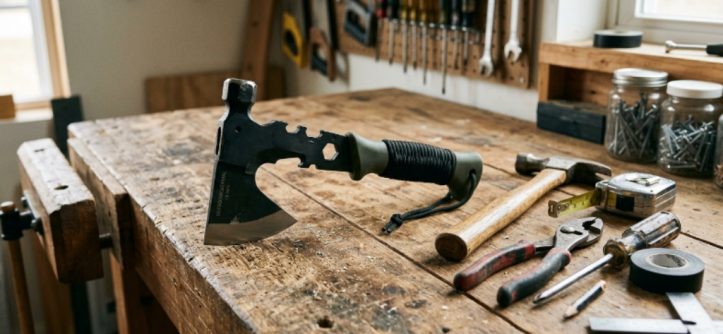 A compact multi-purpose survival axe resting on a wooden workshop bench next to basic home repair tools