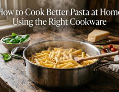Steaming pot of penne pasta on wooden counter with text overlay.