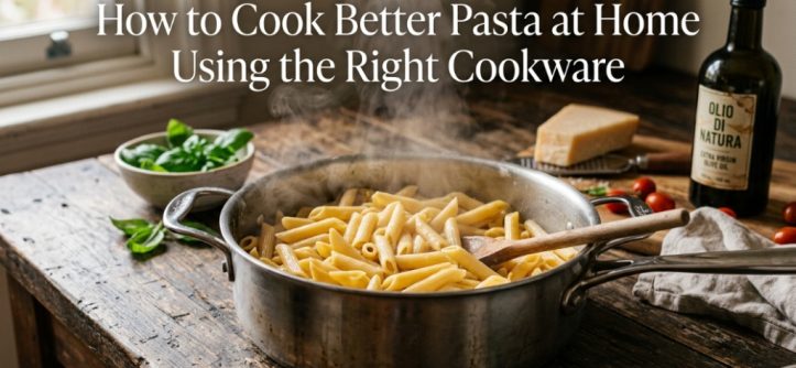 Steaming pot of penne pasta on wooden counter with text overlay.