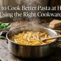 Steaming pot of penne pasta on wooden counter with text overlay.