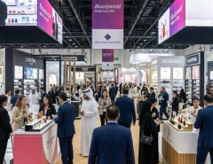 Trade visitors exploring cosmetics and fragrance exhibitor booths at Beautyworld Middle East 2026 inside the Dubai World Trade Centre
