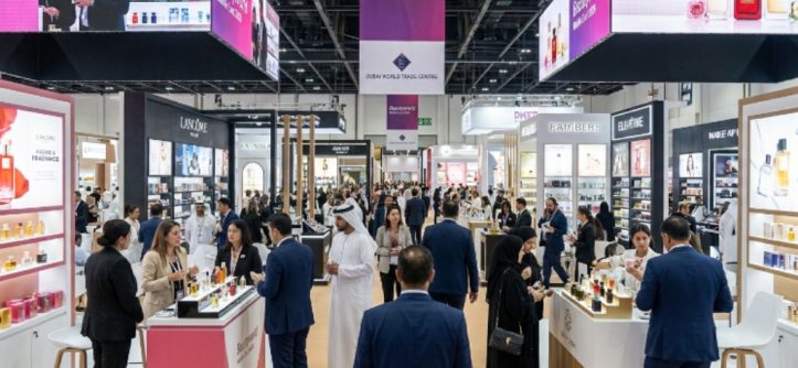 Trade visitors exploring cosmetics and fragrance exhibitor booths at Beautyworld Middle East 2026 inside the Dubai World Trade Centre