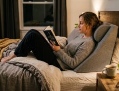 White foam bed positioning wedge pillow sitting on a modern minimalist bed.