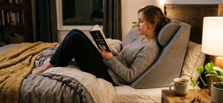 White foam bed positioning wedge pillow sitting on a modern minimalist bed.