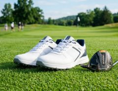 A pair of modern spiked golf shoes sitting on lush green golf course grass.
