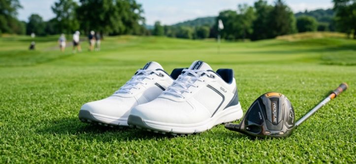 A pair of modern spiked golf shoes sitting on lush green golf course grass.