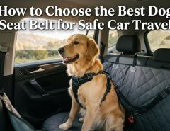 A happy Golden Retriever wears a secure harness and seat belt tether inside a moving car.