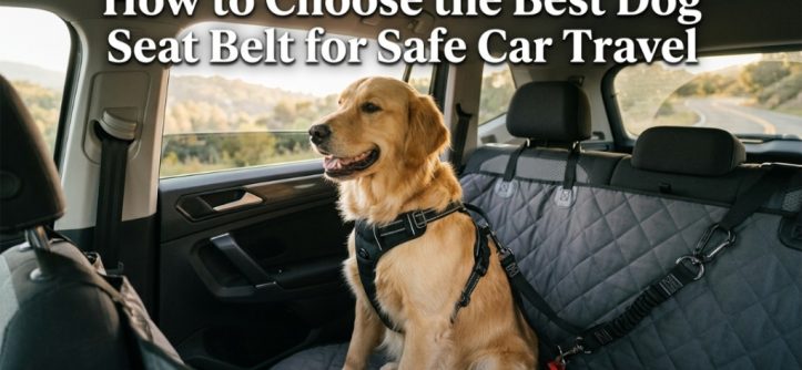 A happy Golden Retriever wears a secure harness and seat belt tether inside a moving car.