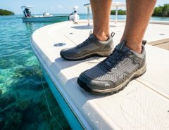 Angler wearing breathable mesh fishing shoes on a boat deck in Florida.
