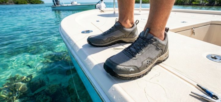 Angler wearing breathable mesh fishing shoes on a boat deck in Florida.
