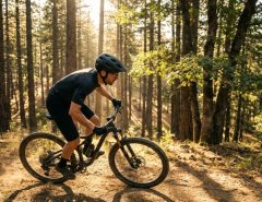A modern mountain bike helmet resting on a rock with a trail background.