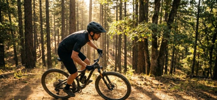 A modern mountain bike helmet resting on a rock with a trail background.