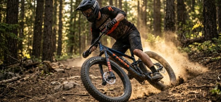 A cyclist riding a fat tire mountain bike on a sunlit dirt trail.