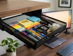 Clean minimalist wooden desk setup with organized office supplies.