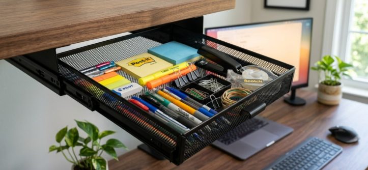 Clean minimalist wooden desk setup with organized office supplies.