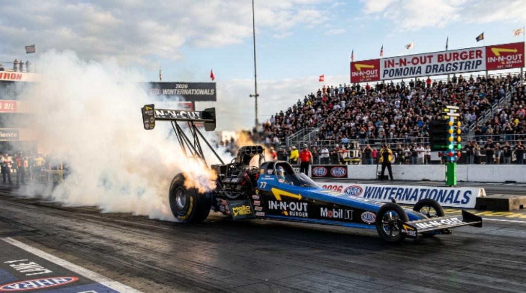 Top Fuel dragster launching at In-N-Out Burger Pomona Dragstrip 2026