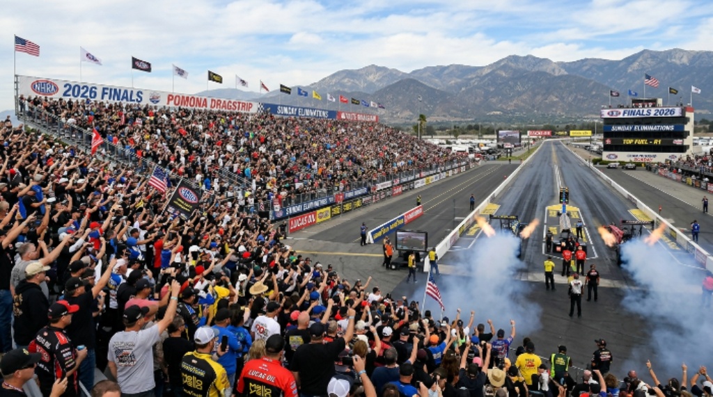 NHRA Finals 2026 crowd filling grandstands at Pomona during Sunday eliminations
