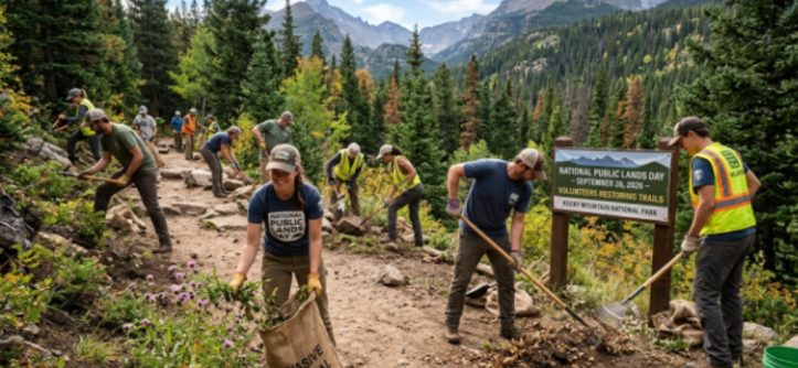 Volunteers clearing trails and removing invasive plants at a national park during National Public Lands Day on September 26, 2026