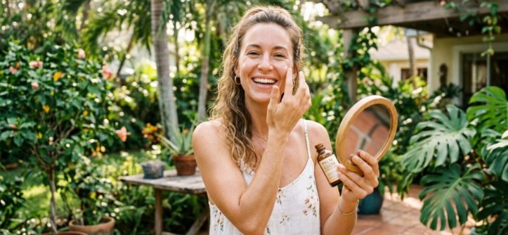Woman applying anti-aging facial serum outdoors in sunny Florida.