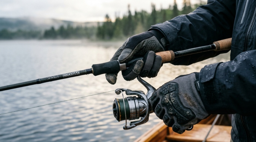 Fisherman wearing protective gloves while unhooking a fish on water.