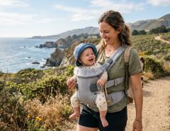 Parent wearing a lightweight baby carrier in a sunny California park.
