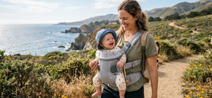 Parent wearing a lightweight baby carrier in a sunny California park.