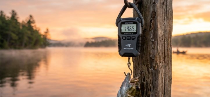 Digital portable fish scale hanging over serene lake at sunrise.