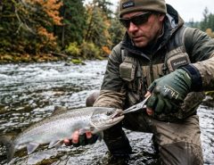 Angler wearing high-quality budget fishing gloves holding a fishing rod.