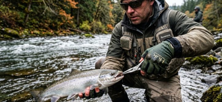 Angler wearing high-quality budget fishing gloves holding a fishing rod.