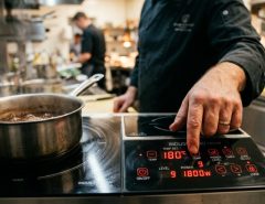 Modern 1800W induction cooktop boiling water in a sleek pot on a kitchen counter.