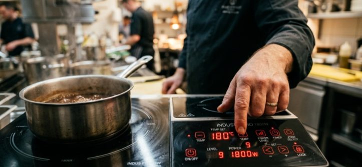 Modern 1800W induction cooktop boiling water in a sleek pot on a kitchen counter.