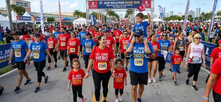 Families and supporters walking together at the St. Jude Walk Miami 2026 on September 26 at the Miami Dade County Fair and Expo Center wearing St. Jude fundraising gear